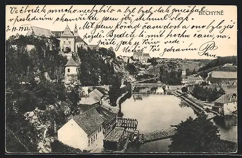 AK Bechyne, Ortsansicht aus der Vogelschau