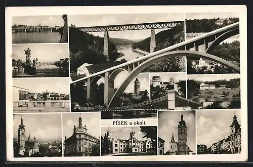 AK Pisek a okoli, Ortspartien, Kirche, Flusspartie mit Brücke