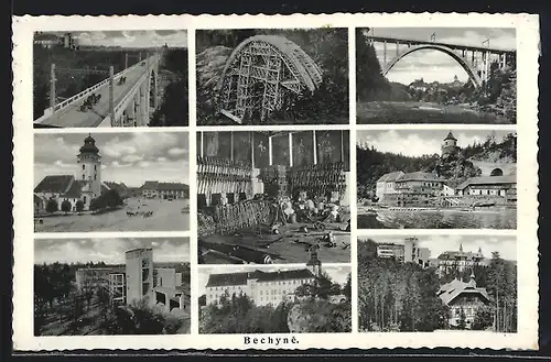 AK Bechyne, Brücke, Kirche, Gebäudeansichten