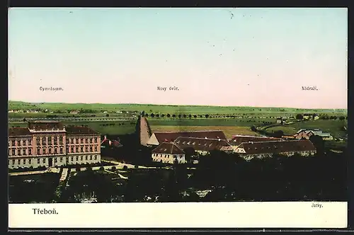 AK Trebon, Gymnásium aus der Vogelschau, Novy dvur, Nádrazí