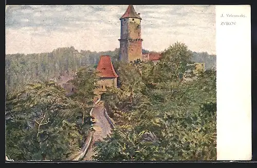 Künstler-AK Zvikov, Waldblick mit alten Turm