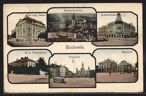 AK Budweis / Ceske Budejovice, Grand-Hotel, Bahnhof, Ringplatz