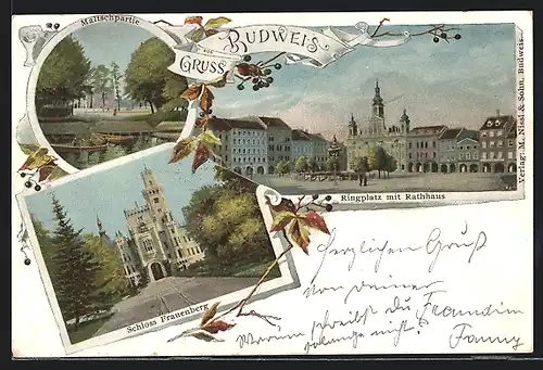 Lithographie Budweis / Ceske Budejovice, Maltschpartie, Schloss Frauenberg, Ringplatz mit Rathaus