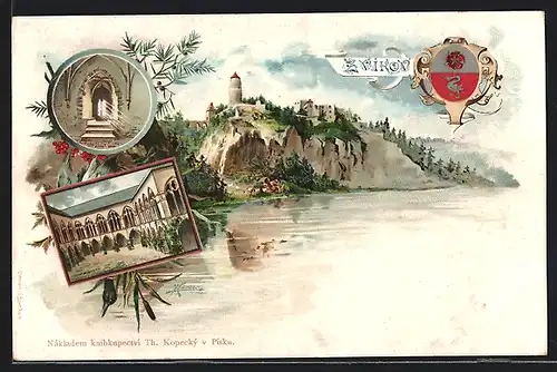 Lithographie Zvikov, Stadtwappen und Schloss