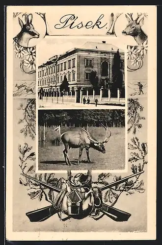 AK Pisek, Strassenpartie vor einem grossen Gebäude, Hirsch, Jägerausrüstung