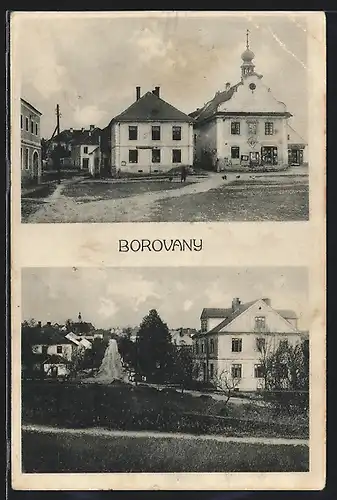 AK Borovany, Marktplatz mit Geschäft, Strasse in den Ort