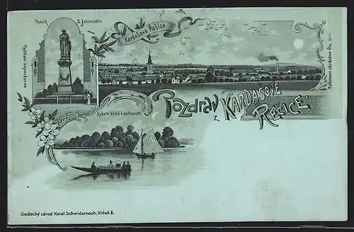 Lithographie Kardasova Recice, Pomnik B. Jablonskeho, Rybnik Velky s ostrovem