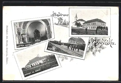 AK Veseli Nad Mor, Nádrazi / Bahnhof, Hostinec na Nádrazi / Bahnhofs-Restaurant