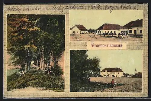 AK Hory Ratiborske, Hauptplatz mit Gebäuden, Waldpartie