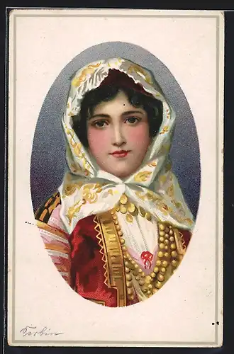 AK Serbin in Trachtenkleidung mit Kopftuch