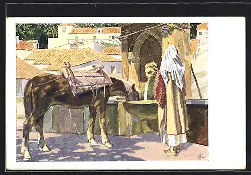 AK Dubrovnik, Frau tränkt Pferd am Brunnen