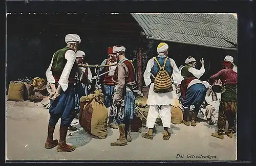 AK Jugoslawische Bauern in Trachten beim Getreidewägen