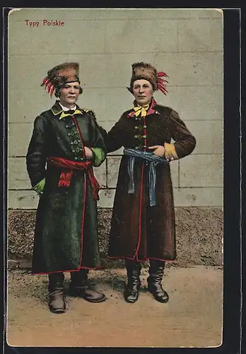 Künstler-AK Typy Polskie, Zwei Polen tragen stolz ihre Trachten