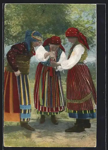 Künstler-AK Drei polnische Frauen in ihrer farbenfrohen Tracht