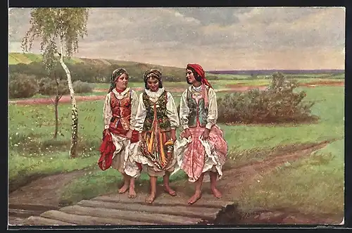 Künstler-AK A. Piotrowski: Skowronki, Lerchen, polnische Mädchen in Tracht