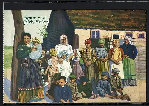 Künstler-AK Typen aus Russisch-Polen, Gruppe mit Frauen und Kindern