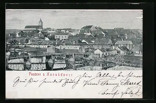 AK Horazdovice, Ortsansicht mit Eisenbahnbrücke im Vordergrund