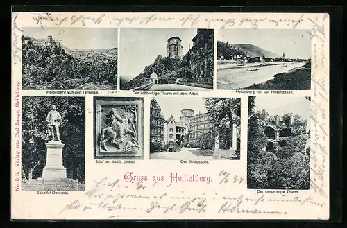 AK Heidelberg, Schlosshof, Ortsansichten, Scheffel-Denkmal