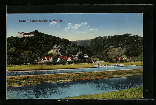 AK Scharfenberg b. Meissen, Schloss vom Fluss aus gesehen