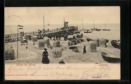 AK Göhren, Strand mit Brücke