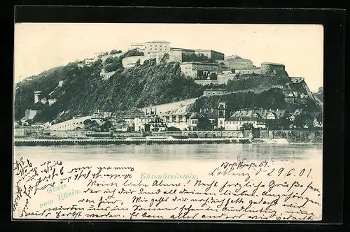 AK Ehrenbreitstein, Blick auf Festung und Bootsbrücke über den Rhein