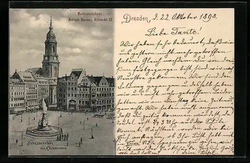 AK Dresden, Siegesdenkmal und Kreuzkirche, Modewarenhaus Adolph Renner, Altmarkt 12