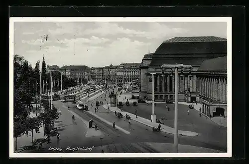 AK Leipzig, Hauptbahnhof mit Strassenbahn