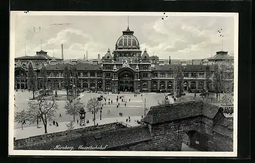 AK Nürnberg, Hauptbahnhof mit belebtem Vorplatz