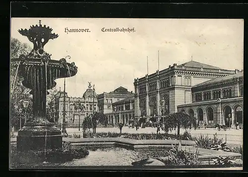 AK Hannover, Ernst-August-Platz mit Bahnhof und Brunnen