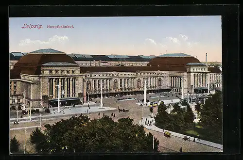 AK Leipzig, Strassenbahn vor dem Hauptbahnhof