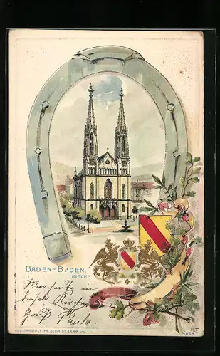 Passepartout-Lithographie Baden-Baden, Kirche in Hufeisen, Wappen, Eichenlaub