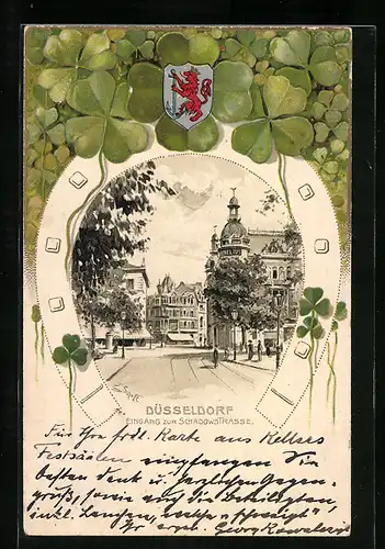 Passepartout-Lithographie Düsseldorf, Eingang zur Schadowstrasse mit Passanten, Wappen u. Kleeblätter