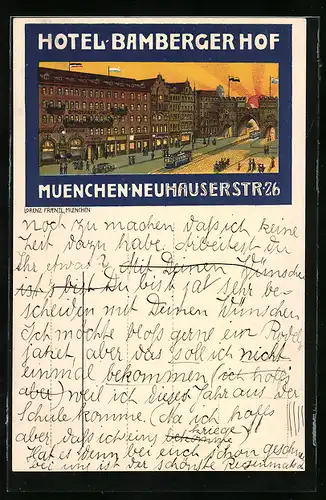 Künstler-AK München, Hotel Bamberger Hof in der Neuhauserstrasse 26 mit Strassenbahn