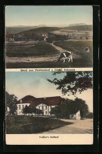 AK Hermsdorf /Sächs. Schweiz, Kessler`s Gasthof, Ortspartie mit weidenden Kühen