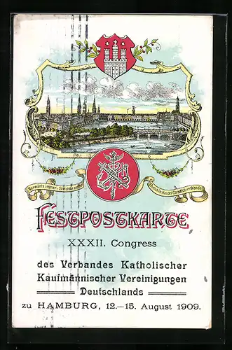 Künstler-AK Hamburg, XXXII. Kongress des Verbandes Katholischer Kaufmännischer Vereinigungen Deutschlands 1909, Brücke