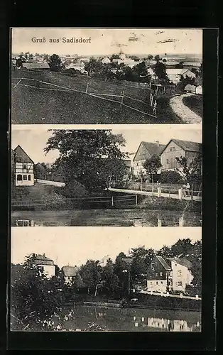 AK Sadisdorf, Totalansicht von der Weide, Ortspartie am Wasser