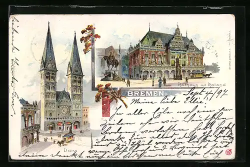 Lithographie Bremen, Dom, Blick auf Rathaus und Roland