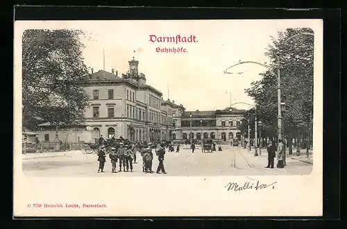 AK Darmstadt, Bahnhof mit Strassenbahn