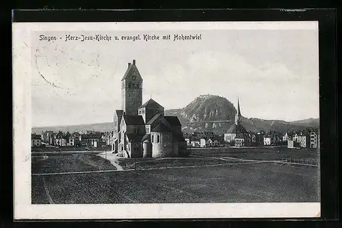 AK Singen, Herz-Jesu-Kirche und evgl. Kirche mit Hohentwiel