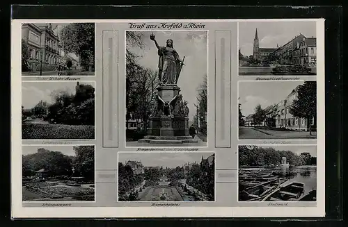 AK Krefeld a. Rhein, Kriegerdenkmal am Friedrichsplatz, Kaiser-Wilhelm-Museum, Am Hohen Haus