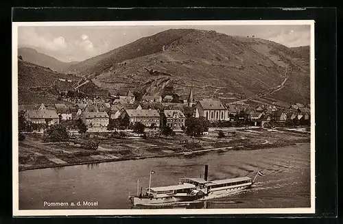 AK Pommern a. d. Mosel, Flusspartie mit Schiff