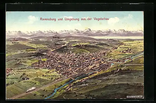 Künstler-AK Eugen Felle: Ravensburg, Ortsansicht und Umgebung aus der Vogelschau