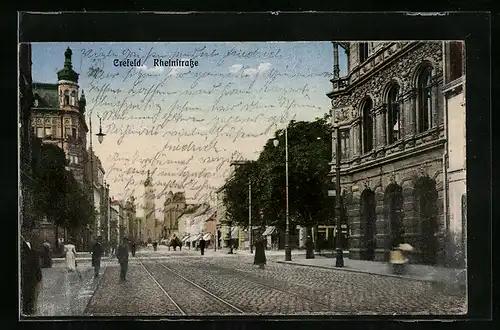 AK Krefeld, Rheinstrasse mit Passanten