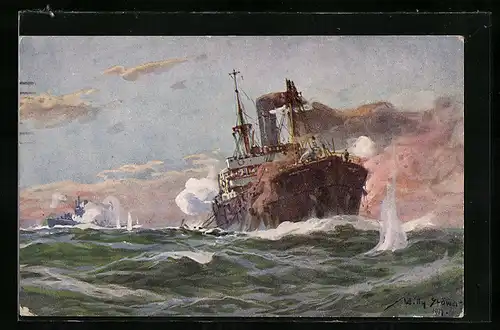 Künstler-AK Willy Stoewer: U-Boot-Spende 1917, U-Boot im Gefecht mit bewaffnetem Handelsdampfer