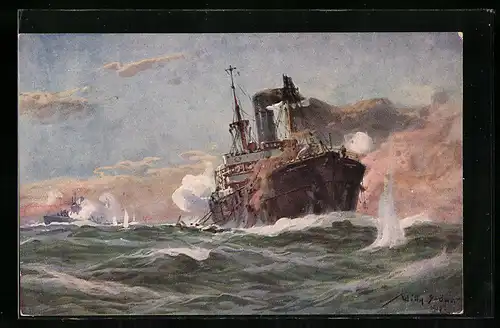 Künstler-AK Stoewer: dt. U-Boot im Gefecht mit bewaffneten Handelsdampfer im Sperrgebiet