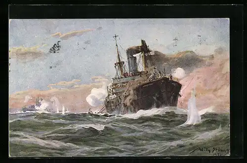 Künstler-AK Willy Stoewer: U-Boot-Spende 1917, U-Boot im Gefecht mit bewaffnetem Handelsdampfer