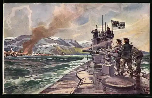 Künstler-AK Stoewer: Deutsches U-Boot im Eismeer, Beschiessung von Alexandrowsk.