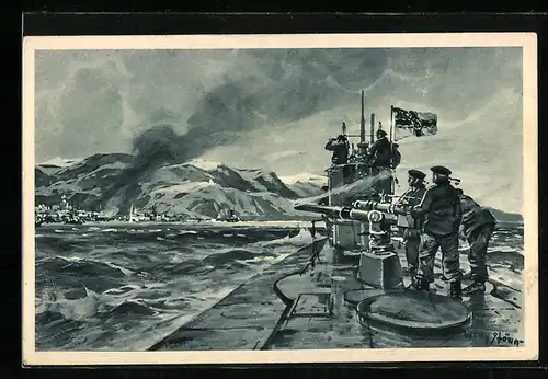 Künstler-AK Willy Stoewer: Deutsches U-Boot im Eismeer beim Beschuss von Alexandrowsk