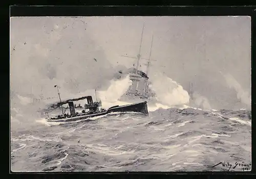 Künstler-AK Willy Stoewer: Torpedoboots-Angriff in der Nordsee bei unruhiger See