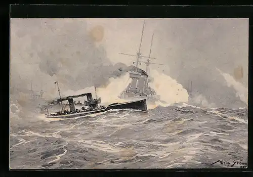Künstler-AK Willy Stoewer: Torpedoboots-Angriff in der Nordsee bei unruhiger See